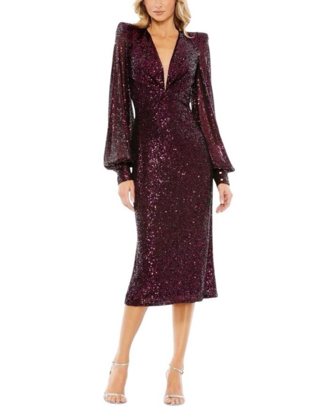 Mac Duggal Magenta Sequin Long Structured Bishop Sleeve Plunge Midi Gown Reemoly